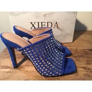 XIEDA Royal Blue Suede Mule Open Toe 4” Heels Dress Shoes Prom Sparkle